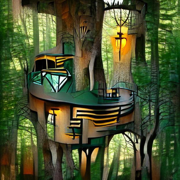 Art Deco Treehouse in Sunlit Forest
