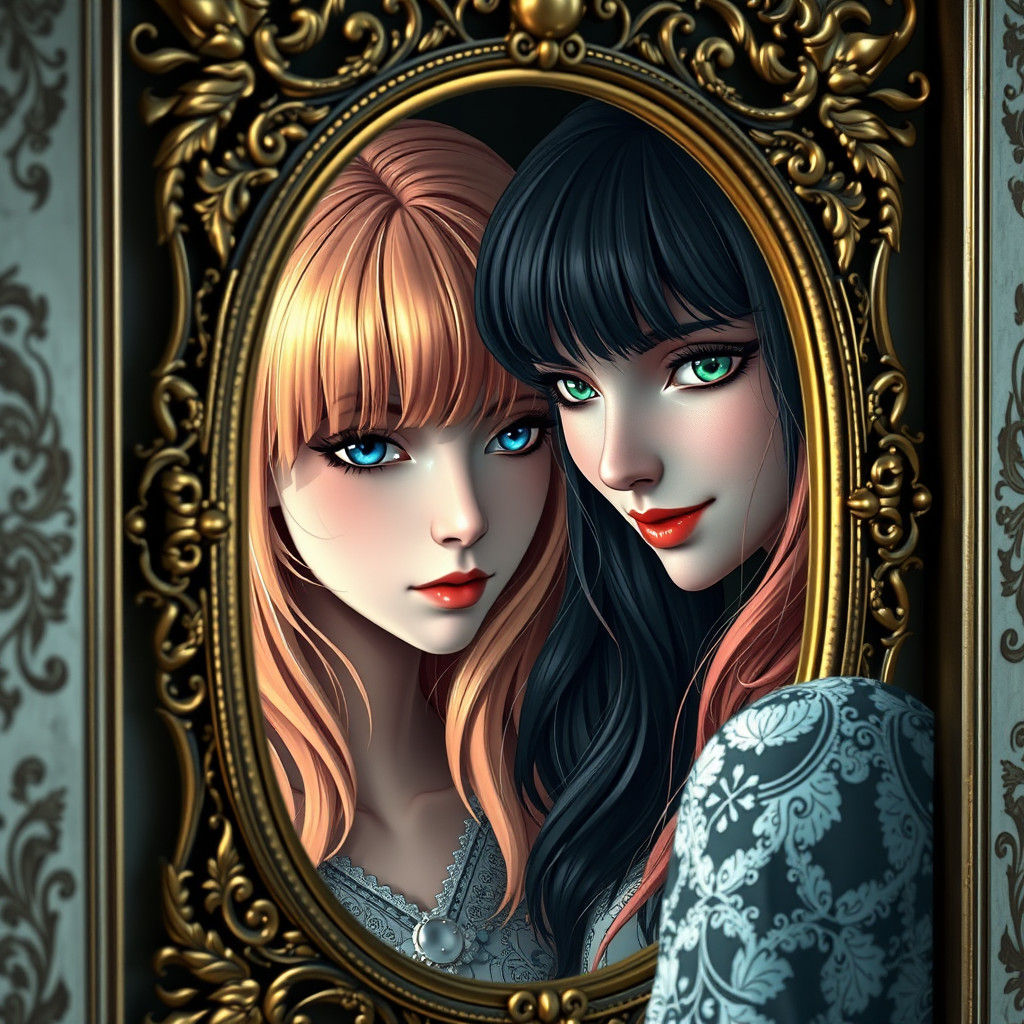 Woman with Strawberry-Blonde Hair Meets Her Dark Reflection