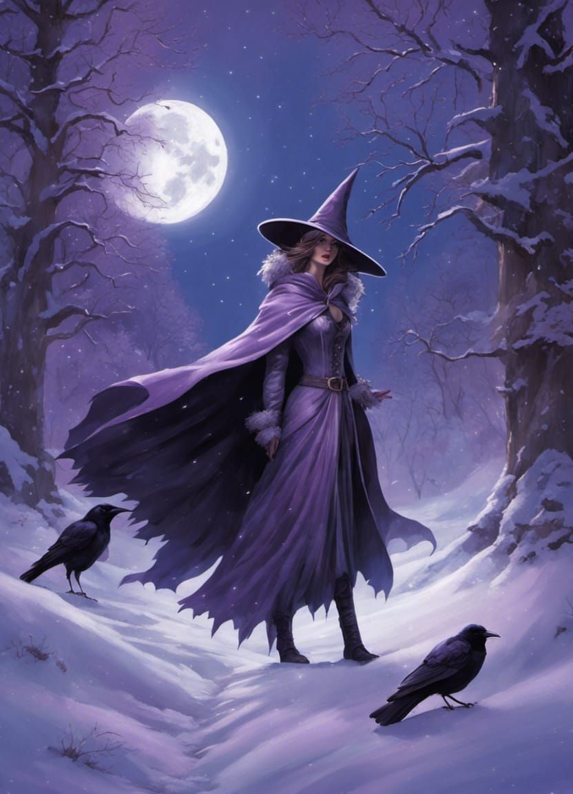 Winter Witch and Raven in Snowy Forest Clearing