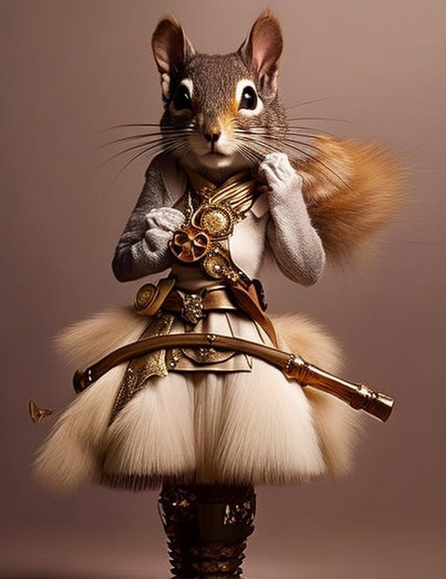 Adorable Little " beautiful and cute girl anthropomorphic squirrel, steampunk dress made of fur and gold, cold weapon " ...