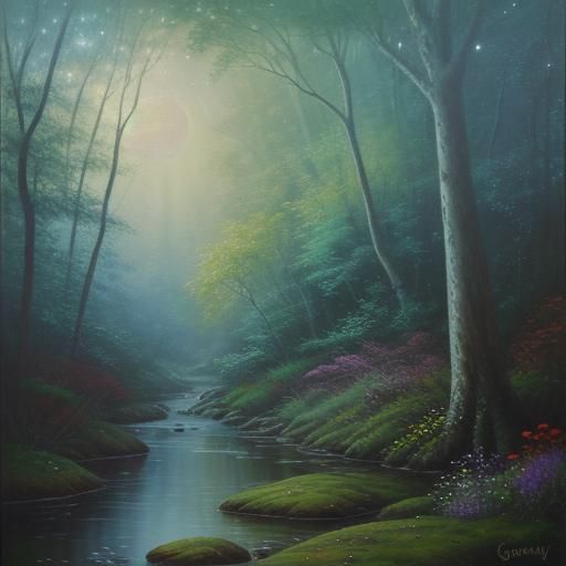 Fox in Moonlit Forest: Fantasy Oil Painting