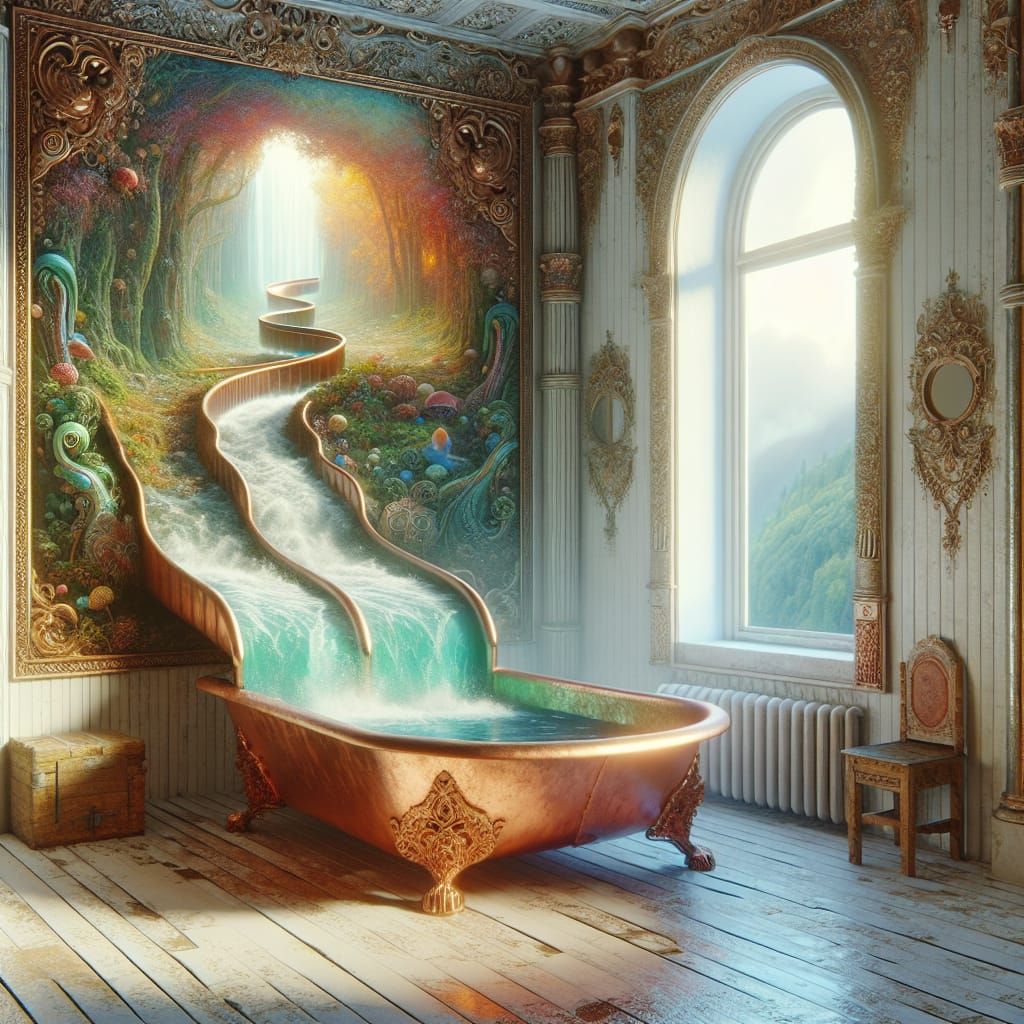 Surreal Copper Bathtub with Waterslide, Fantasy Concept Art