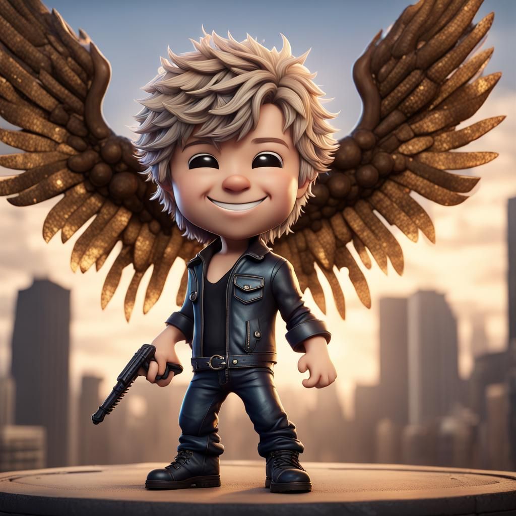 Hyperrealistic Bon Jovi as Winged Chibi