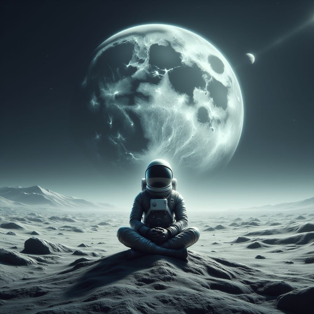 Astronaut Contemplates Ringed Planet on Alien Moon