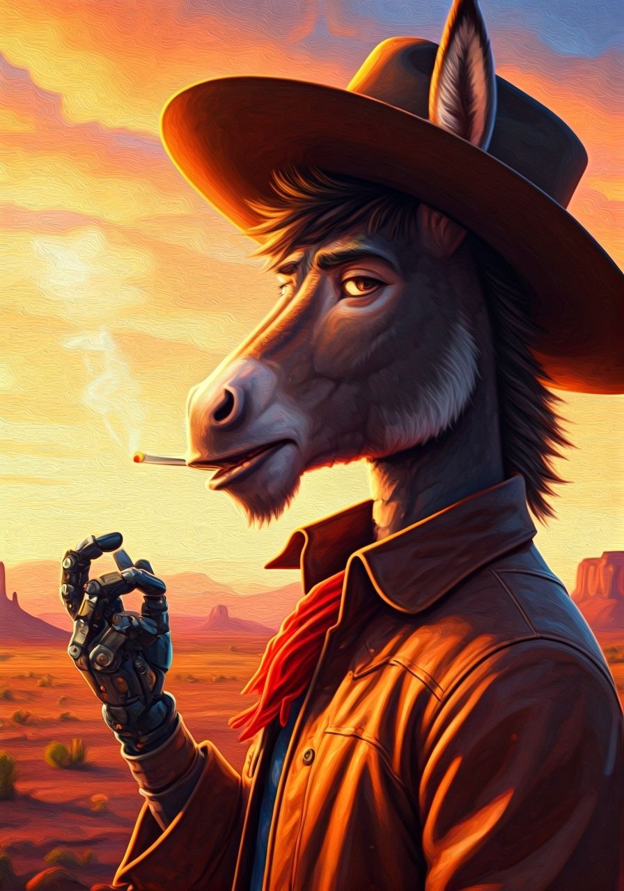 Cybernetic Cowboy Donkey-Crab in Desert Sunset