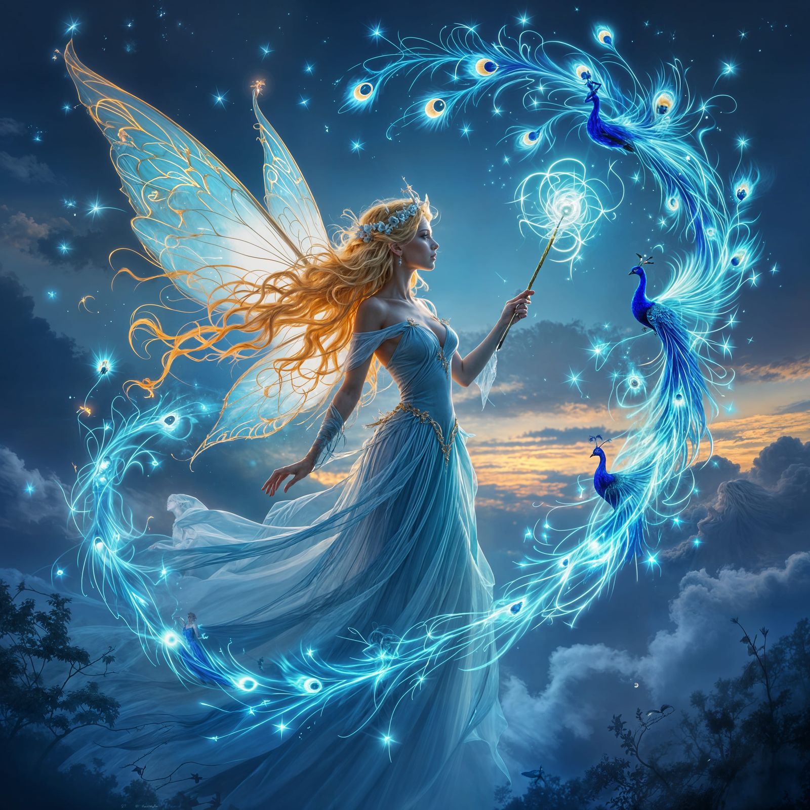 Flaming Haired Fairy Creates Luminescent Peacocks in Misty E...