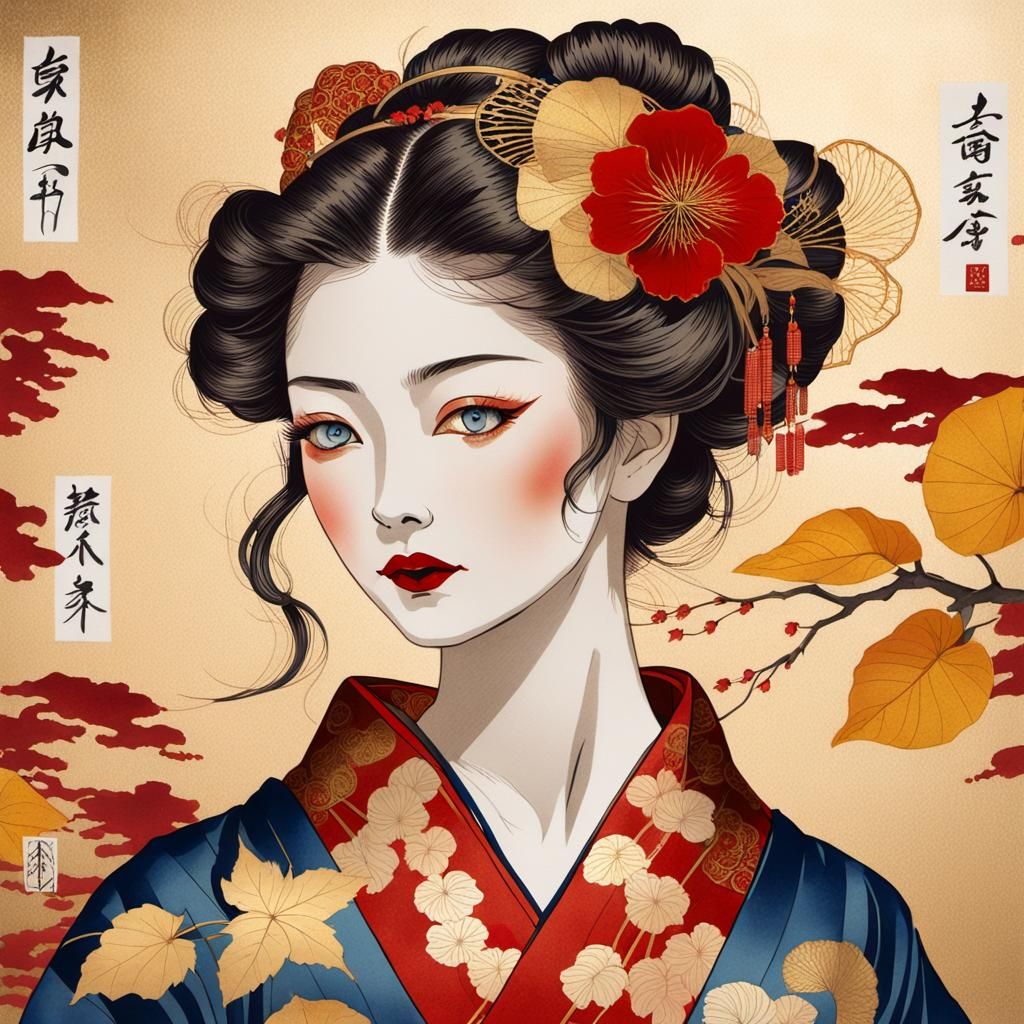Japanese Gibson Girl Portrait in Ukiyo-e Style