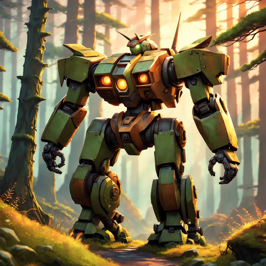 Anime Mecha Marches Through Forest at Sunset