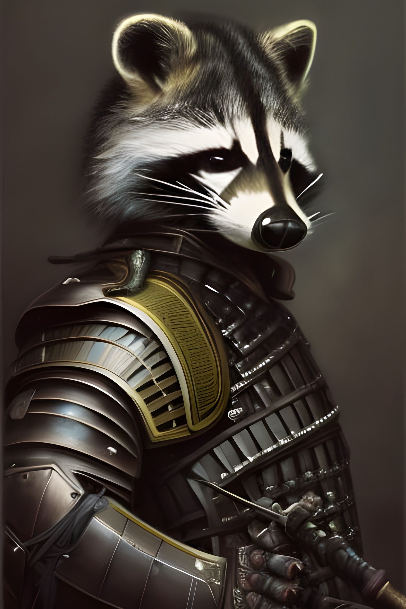 Armored Raccoon Samurai Warrior in Dark Fantasy Style