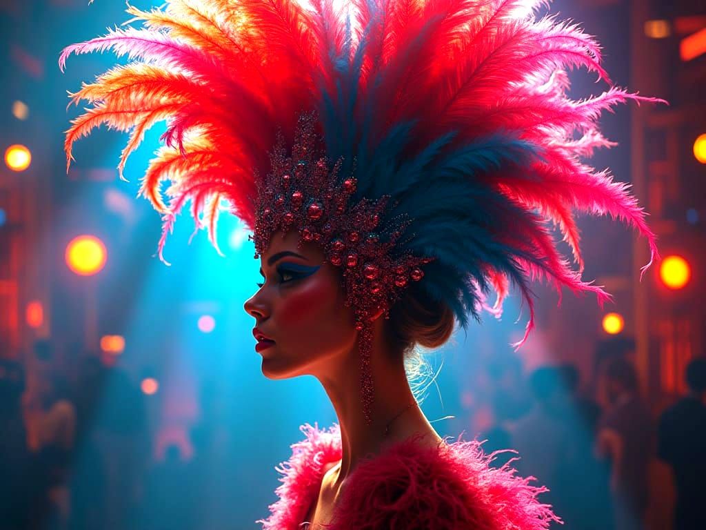 Glitchcore Cabaret Dancer in Opulent Headdress