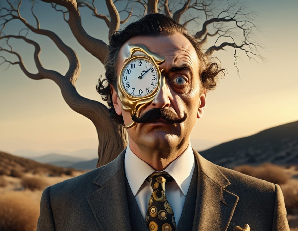 Surreal Melting Clock Portrait in Golden Hour