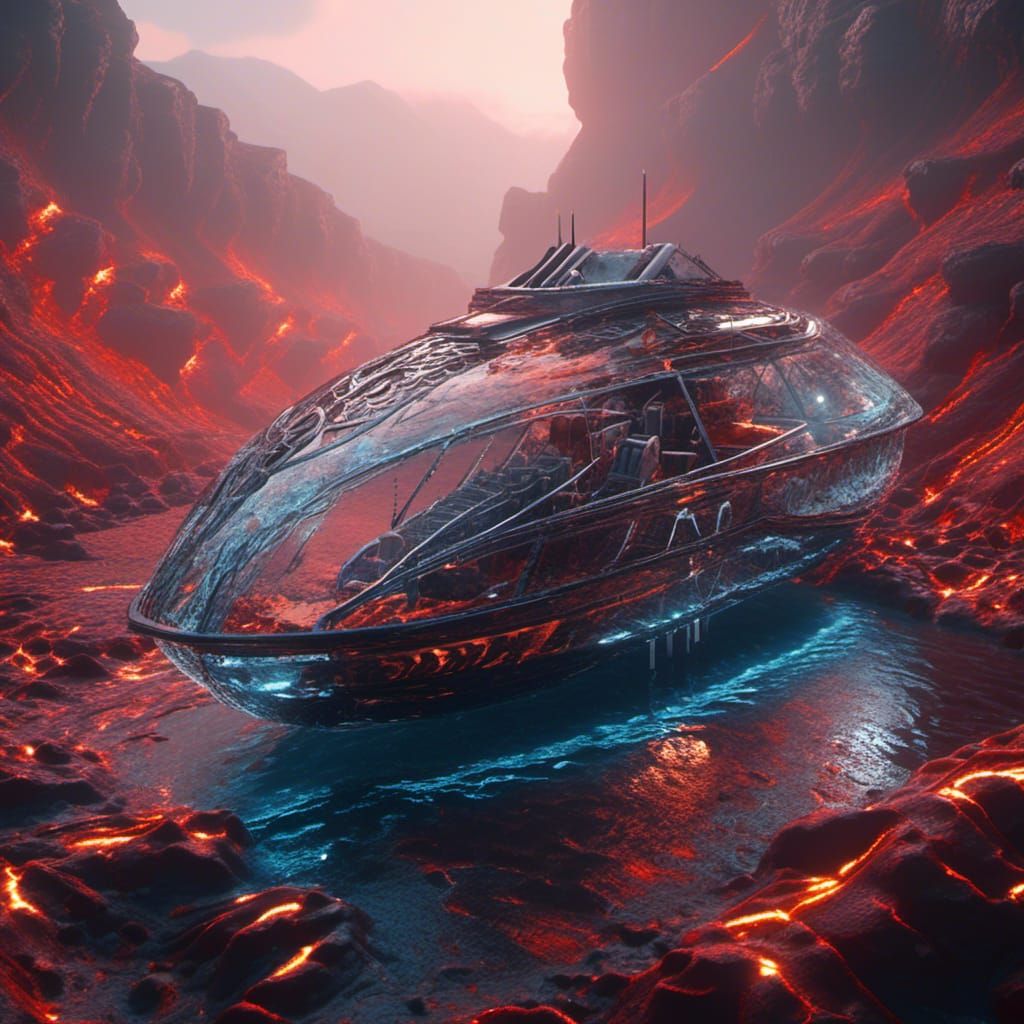 Futuristic Glass Boat on Lava River
