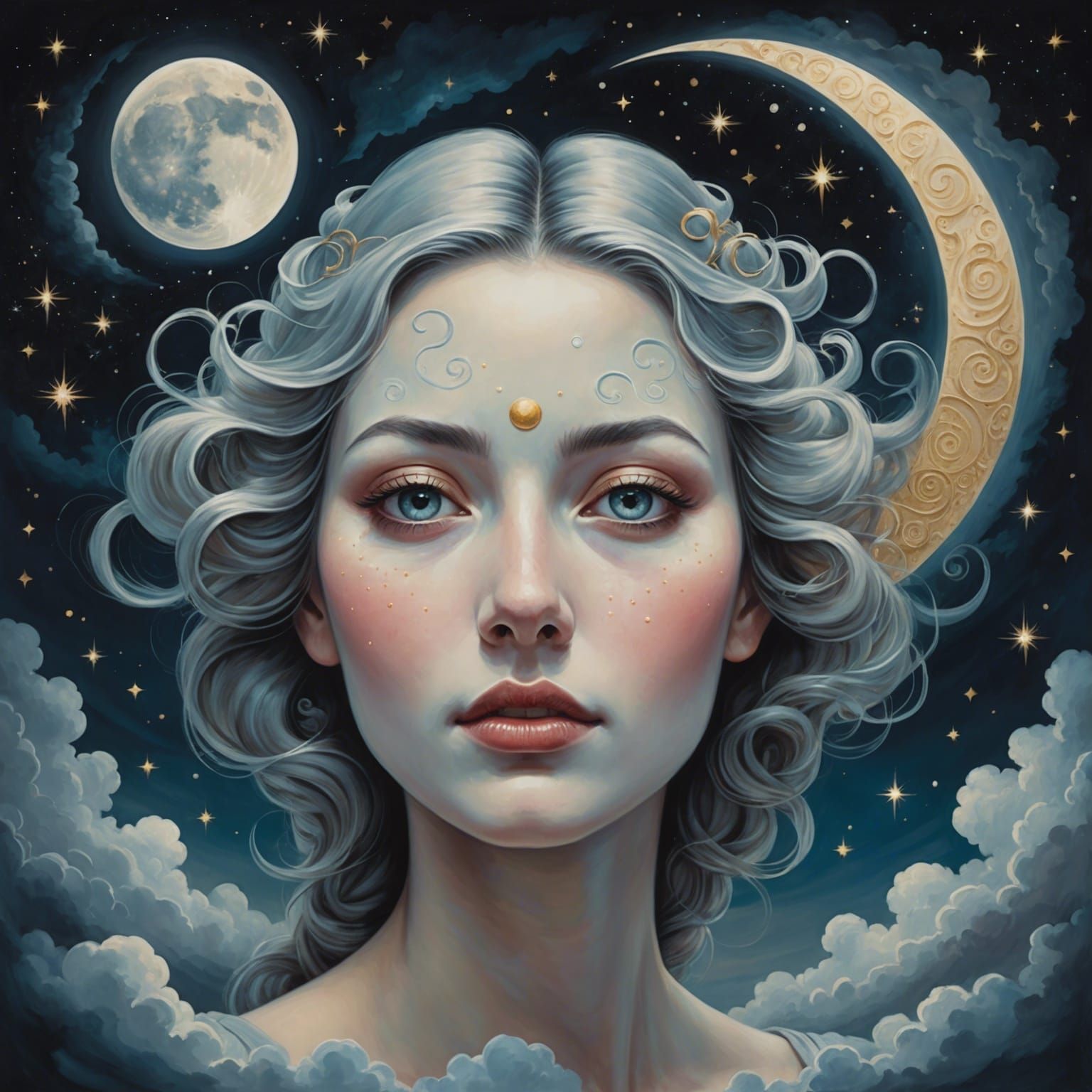 Surreal Celestial Portrait with Moonlit Landscape