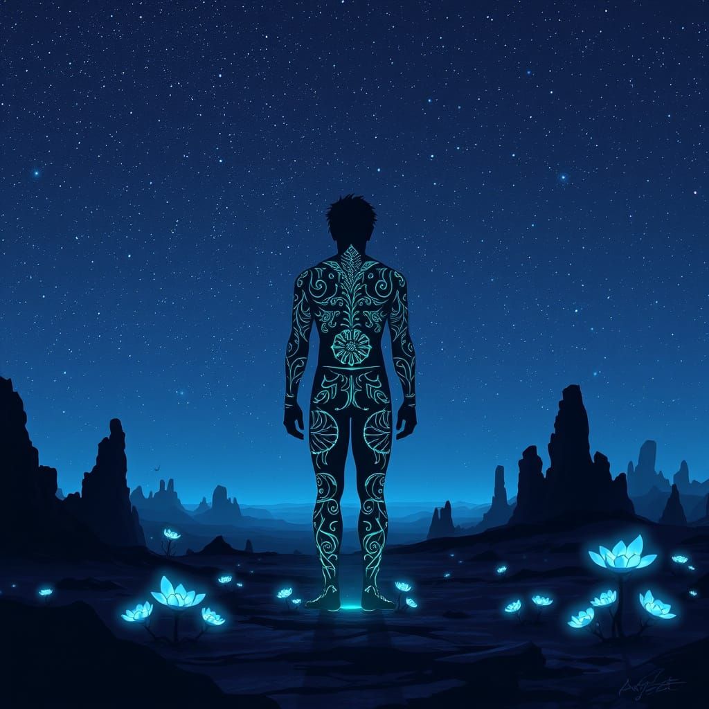 Ethereal Silhouette with Glowing Tattoos in Alien Landscape