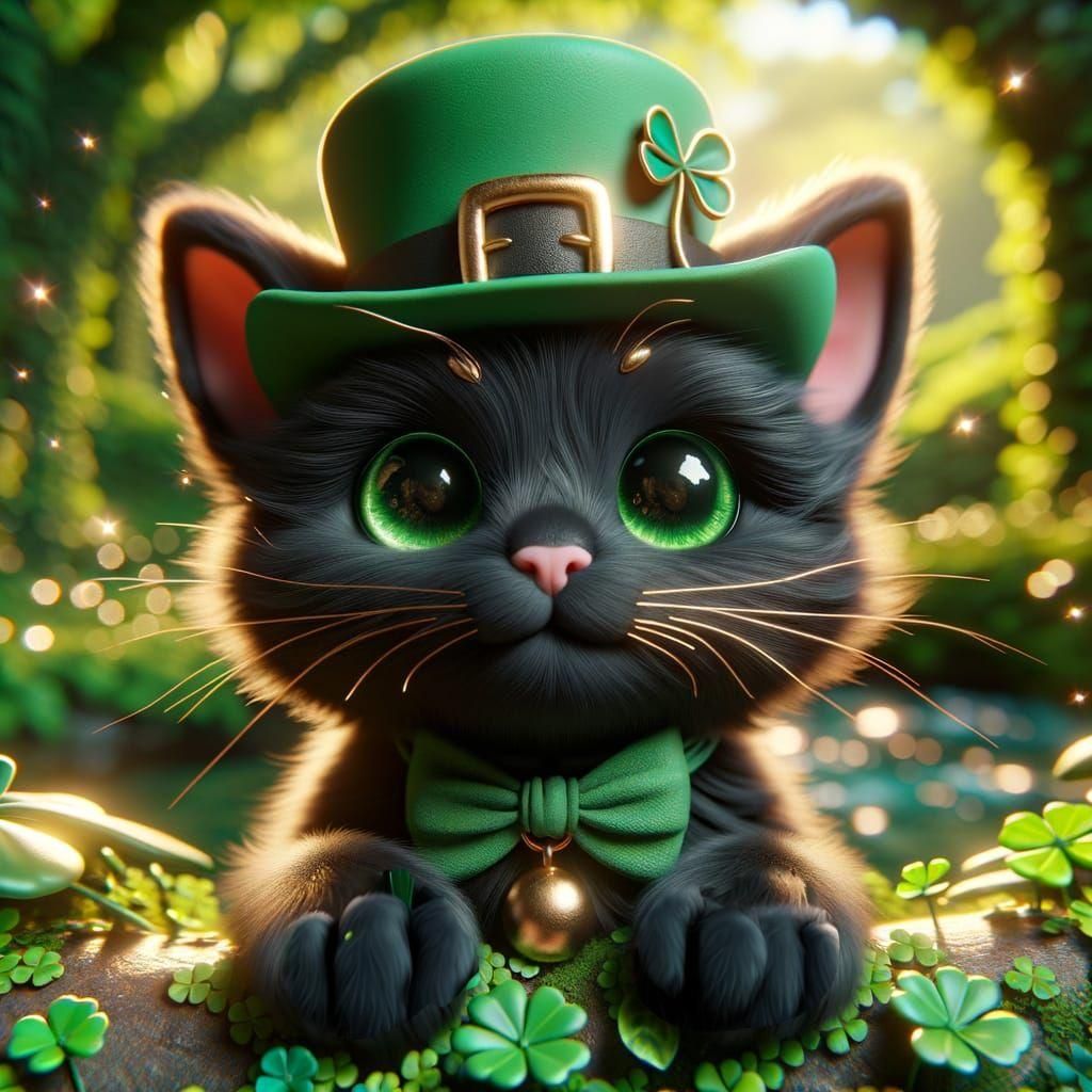 Black Kitten Leprechaun in Garden: Claymation Style