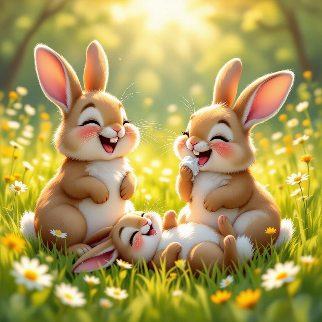 Laughing Bunnies in Sunlit Meadow: Cartoon Realism