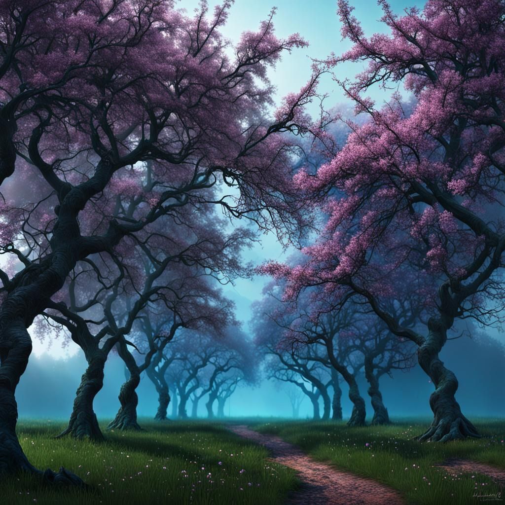 Blossoming Crabapple Trees in Spring Mist