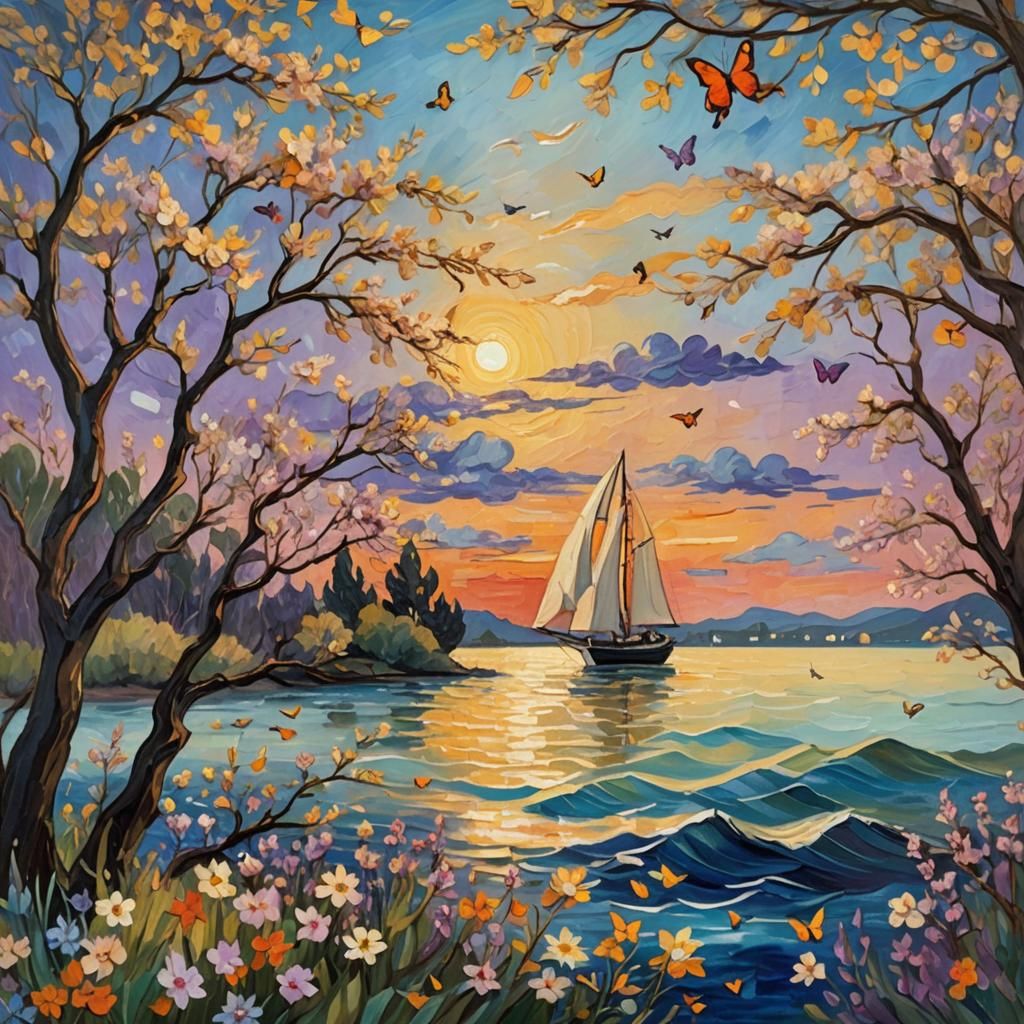 Sunset Sailboat Dreamscape in Impressionist Style