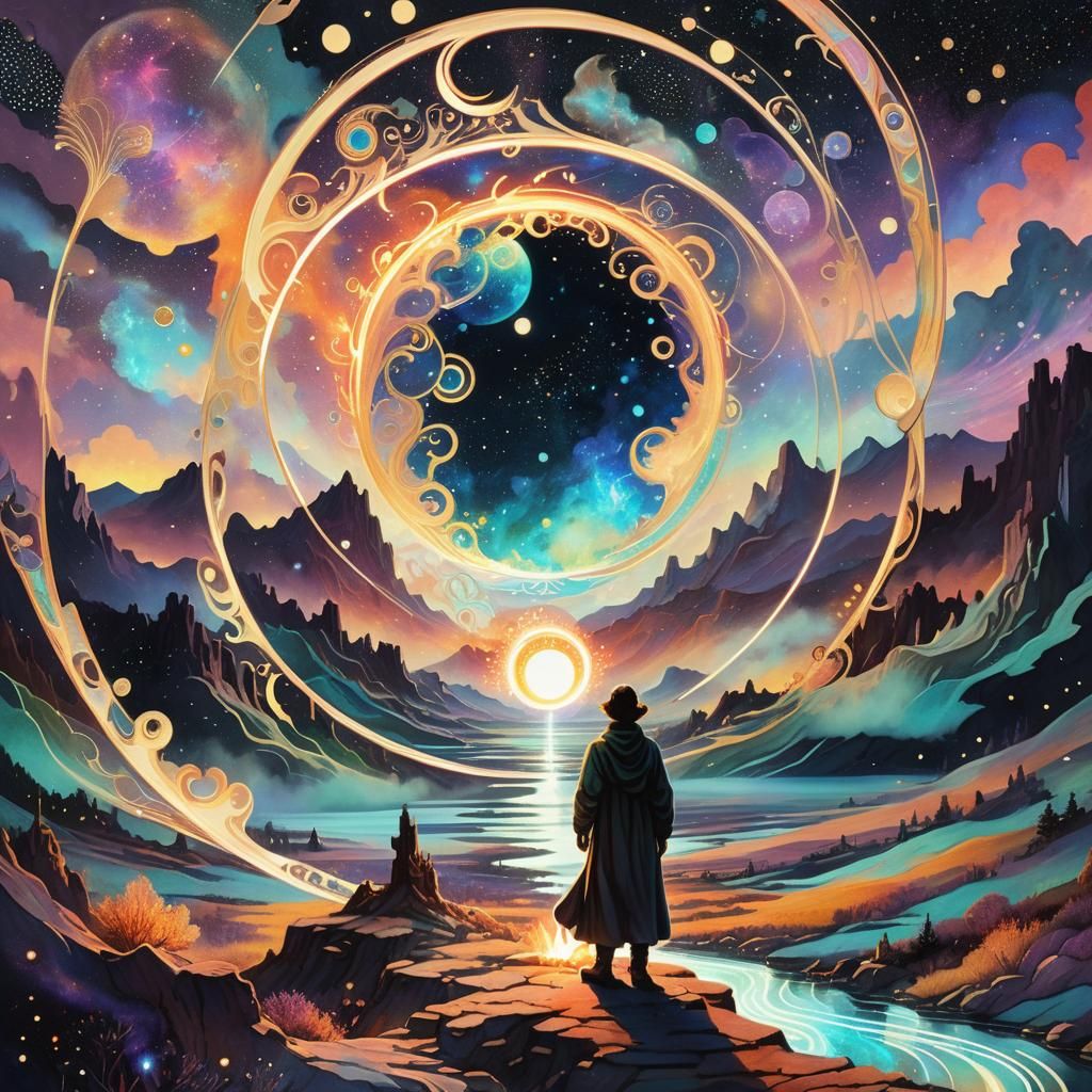 Cosmic Landscape with Lone Figure in Mixed Media Style