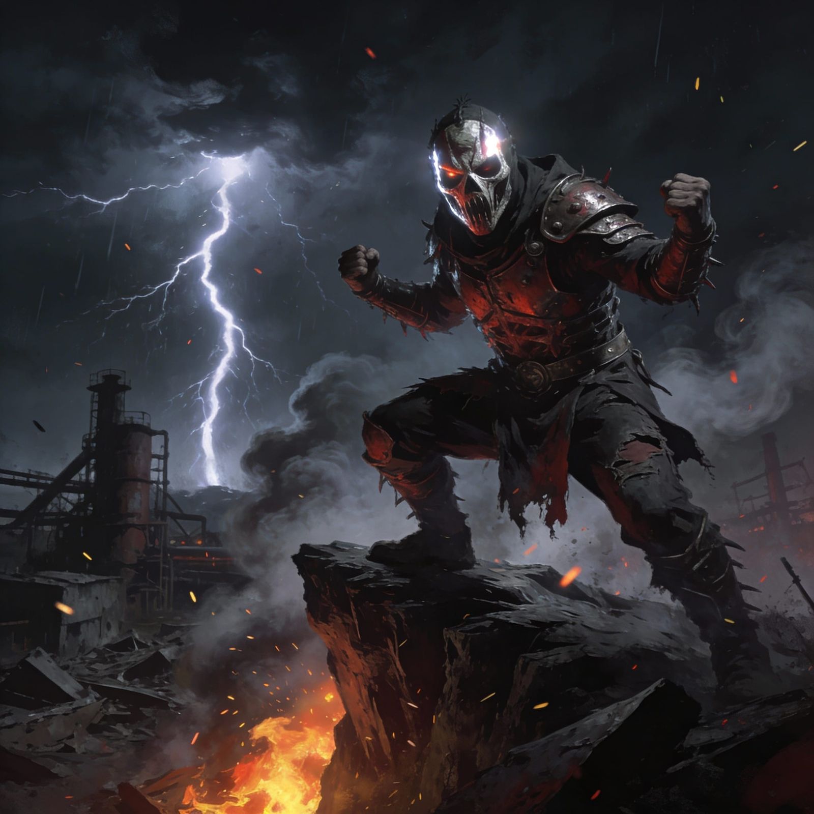 Masked Figure in Aggressive Pose on Jagged Cliff at Night