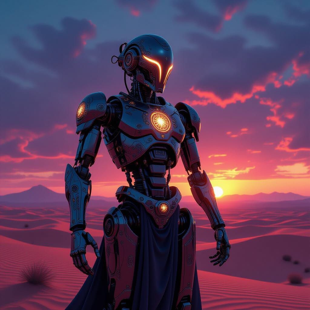 Majestic Automaton in Alien Desert Under Binary Sunset