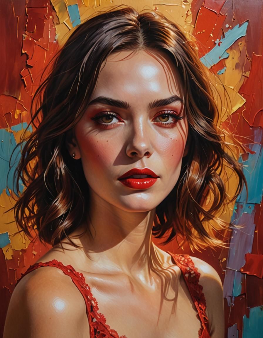 Model in Red Stockings, Hyperrealistic Oil Painting