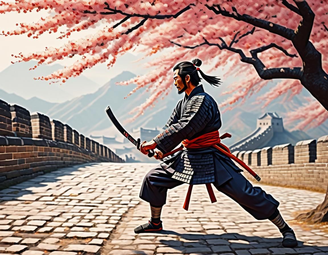 Pixelated Samurai Martial Arts Under Blossom Tree