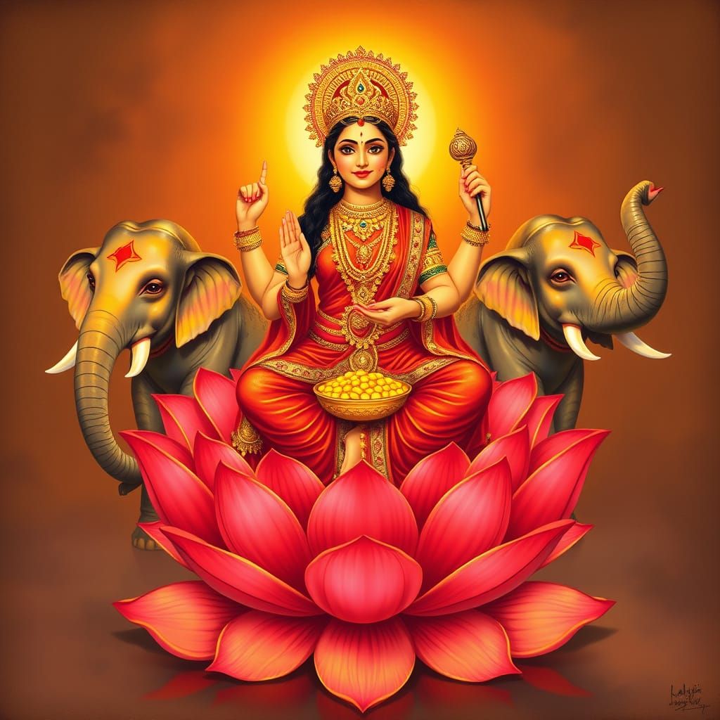 Goddess Lakshmi on Lotus in Ravi Varma Style