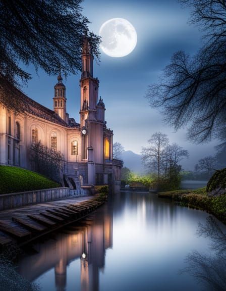 Gothic Manor and Garden in Moonlight, Origami Style