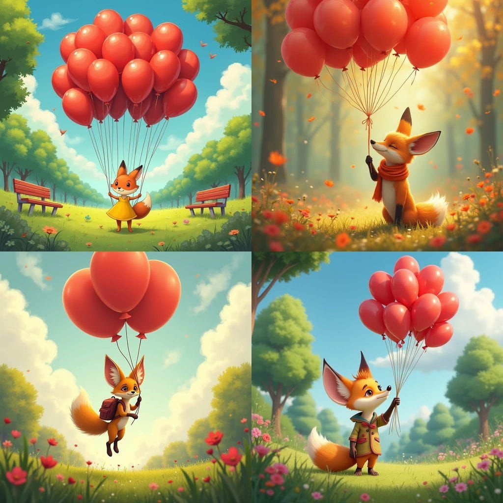 3D Illustration of an adorable fennec fox holding 99 red balloons in a cute little park atmosphere