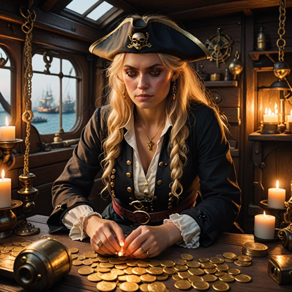 Golden Treasure, Candlelit Cabin: A Pirate's Moment