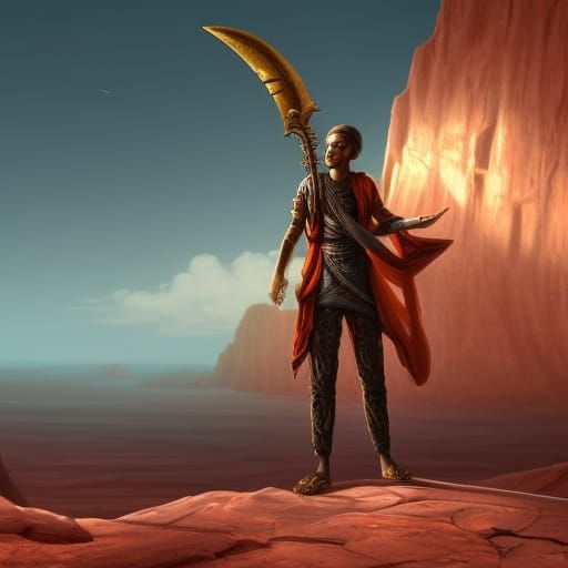 Young Man with Bone Dagger in Desert Landscape