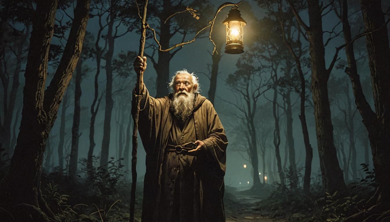 Wise Old Man with Lantern in Dark Forest