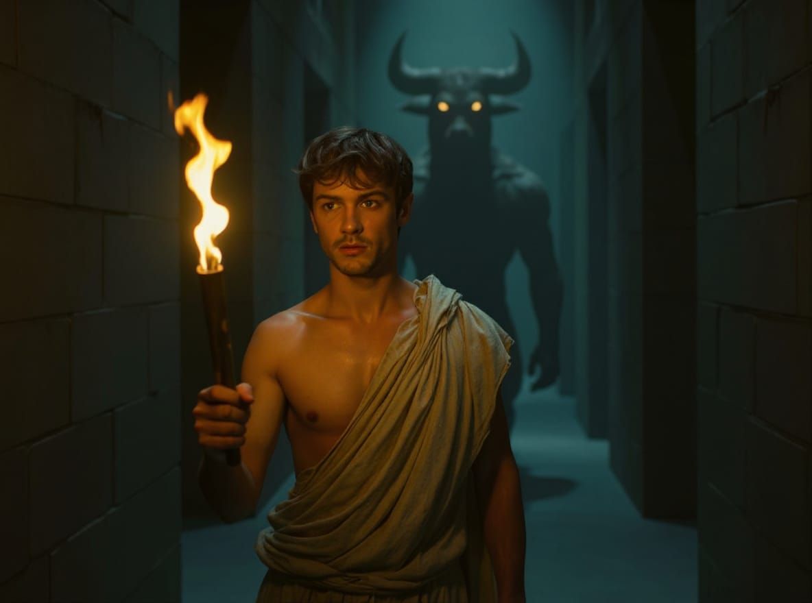 Ancient Greek Man Lost in Minotaur's Lair