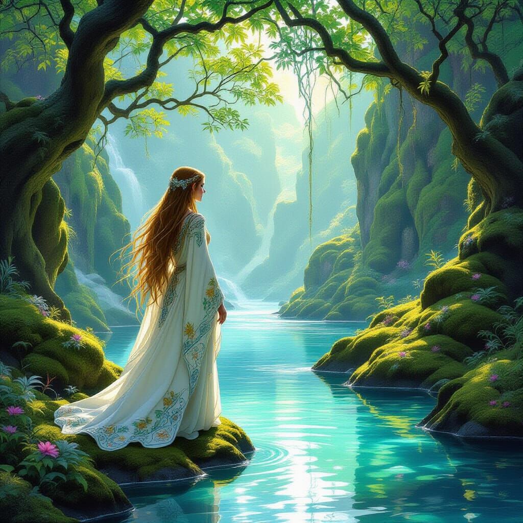 Enchanting Elven Woman in Hidden Valley, Art Nouveau Style