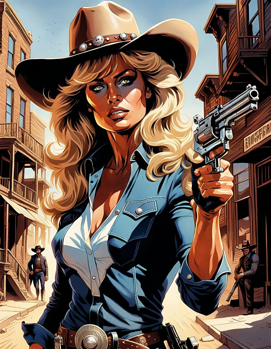 Farrah Fawcett as Old West Gunfighter in Comic Art