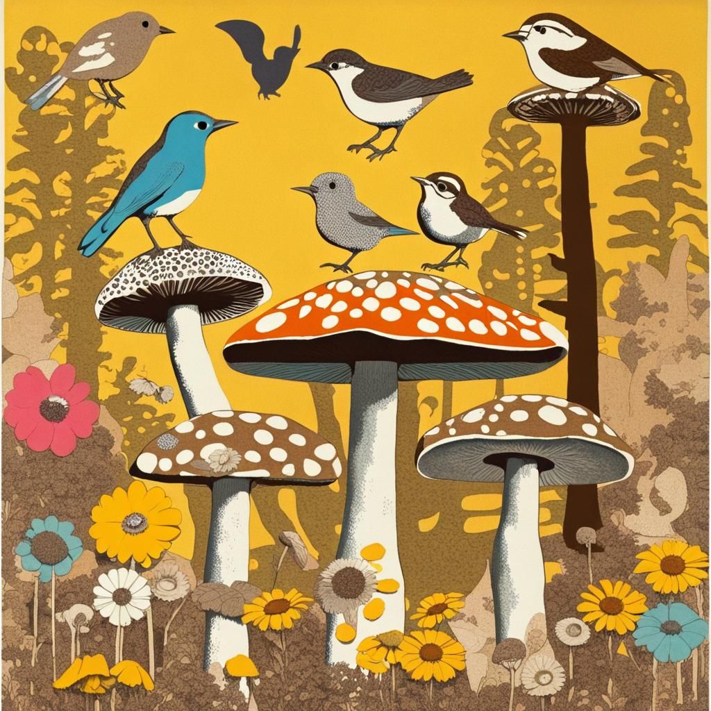 Birds in Mushroom Forest: Retro Risograph Collage