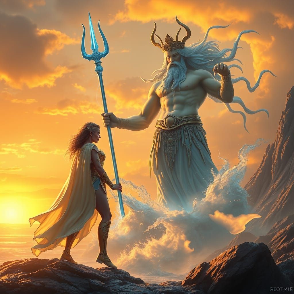Athena Confronts Poseidon in Mystical Landscape