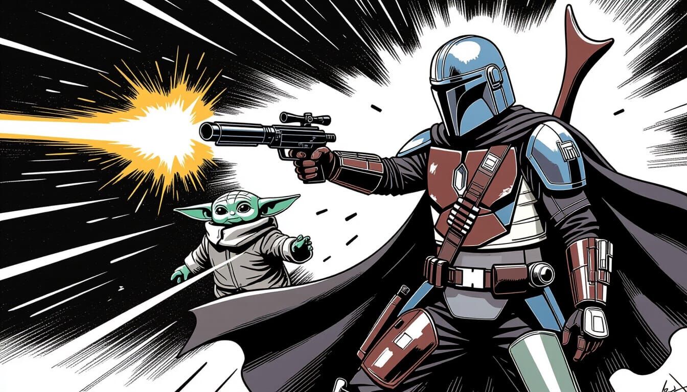 Mandalorian Protects Grogu in Action Scene