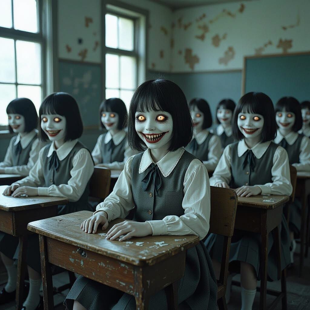 Creepy Classroom with Gleaming-Eyed Children in Horror Style