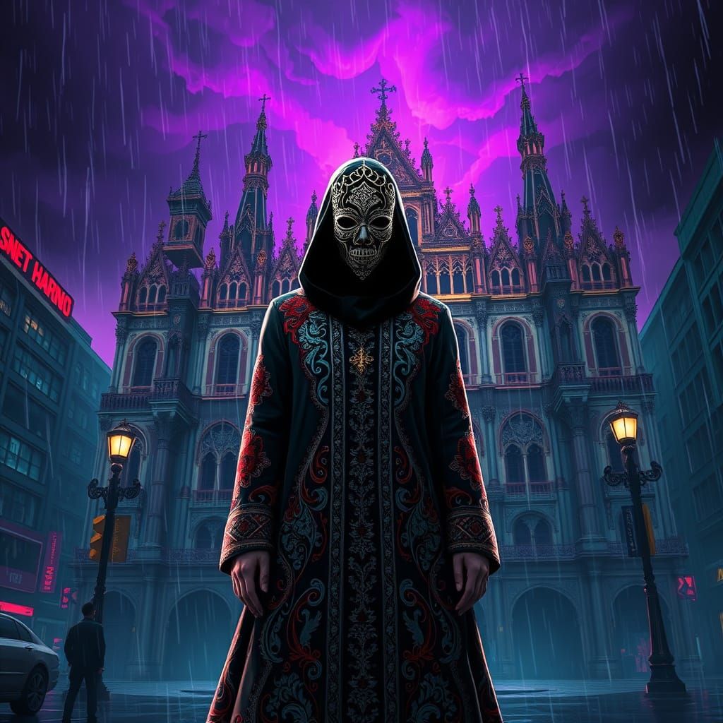 Cyberpunk Woman Stands Before a Venetian Gothic Palace in a ...