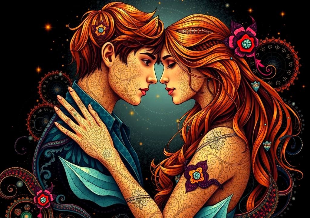 Abstract Mosaic of Embracing Couple in Klimt Style