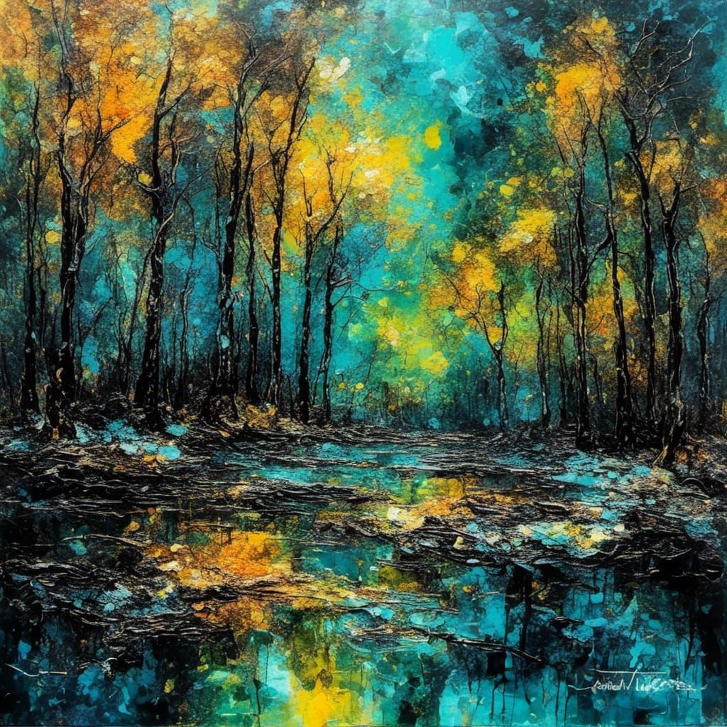 Magical Moonlit Landscape with River in Alcohol Ink Style