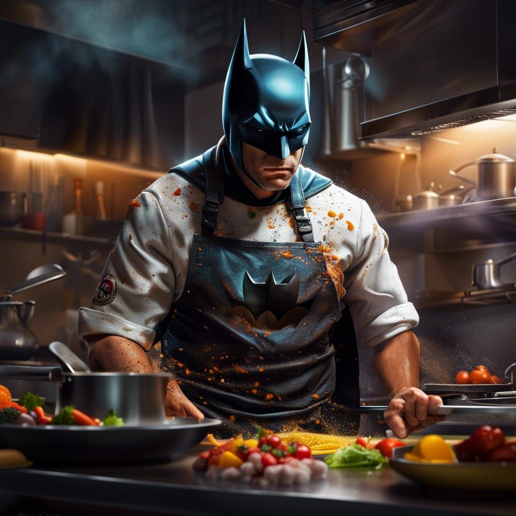 Batman depicted as a chef in a modern kitchen, Hyperrealistic, splash art, concept art, mid shot, intricately detailed, ...