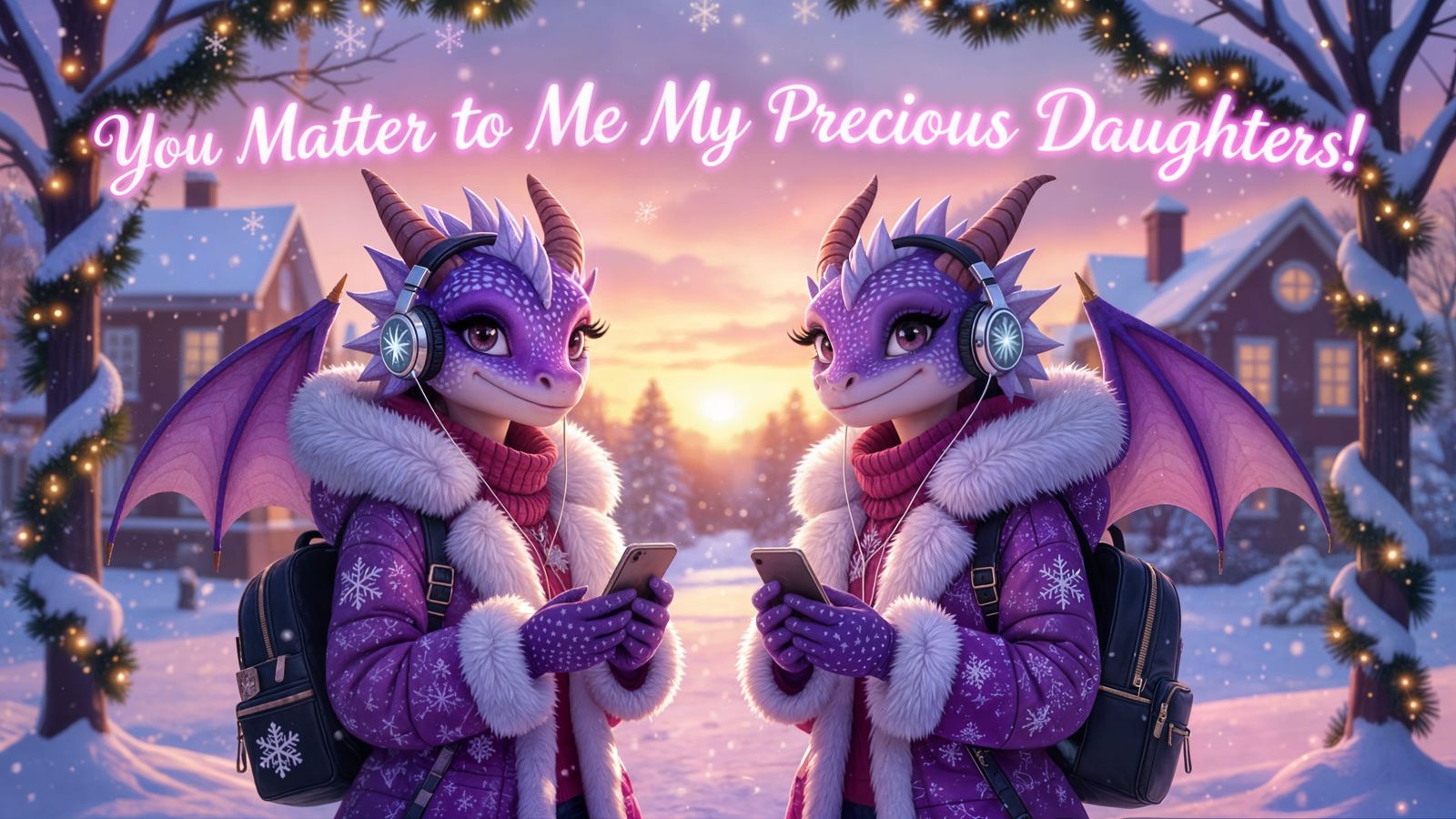 Teenage Female Dragons with Snowy Winter School Background