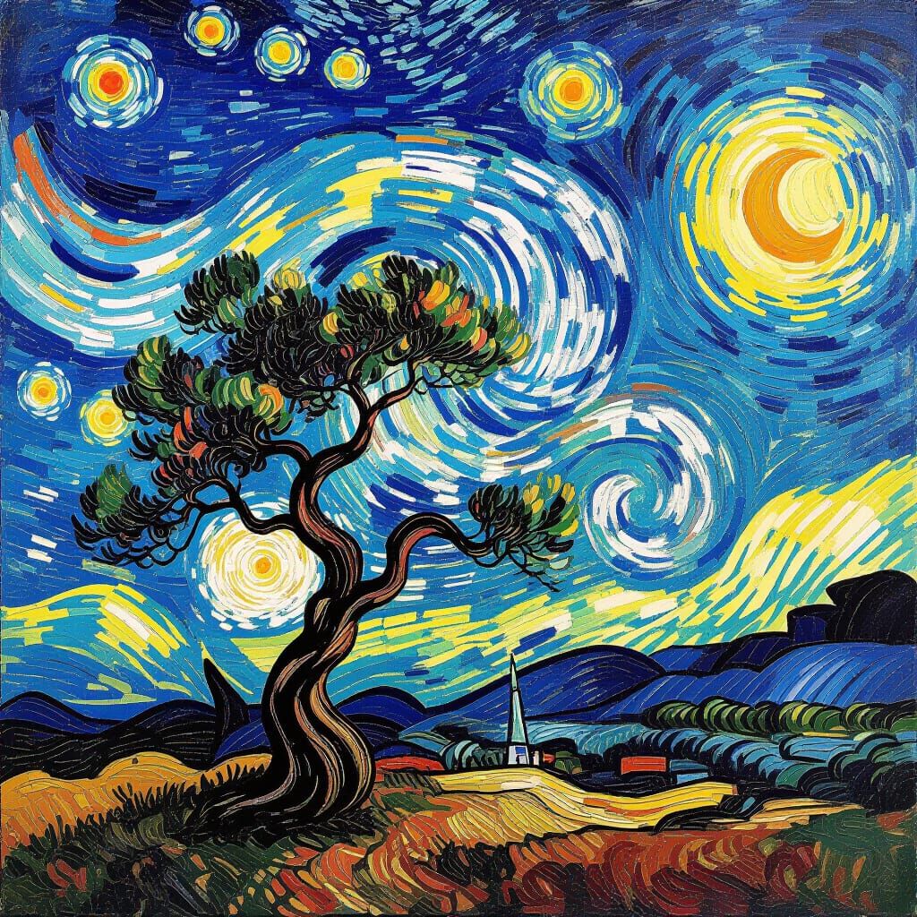 Windswept Tree with Impasto Brushstrokes in Van Gogh Style