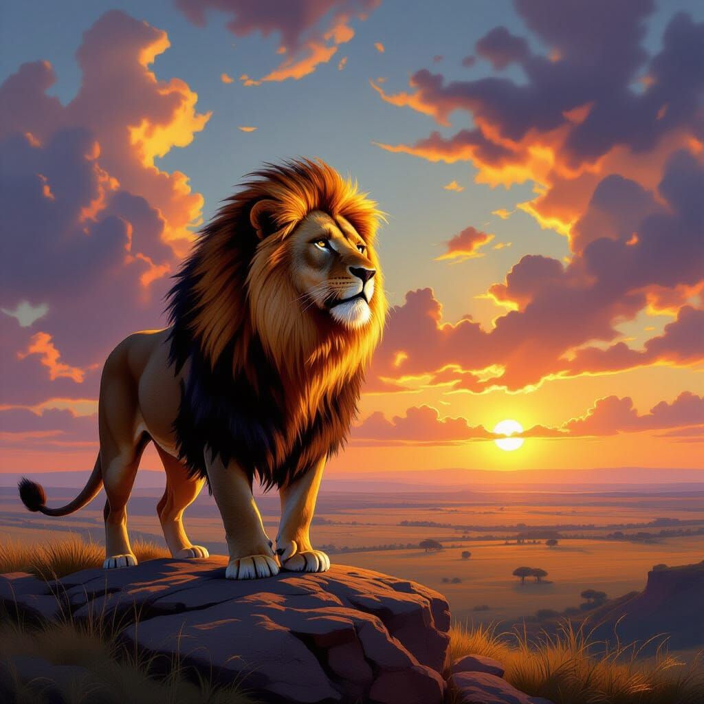 Lion with Fiery Mane Overlooking African Savanna