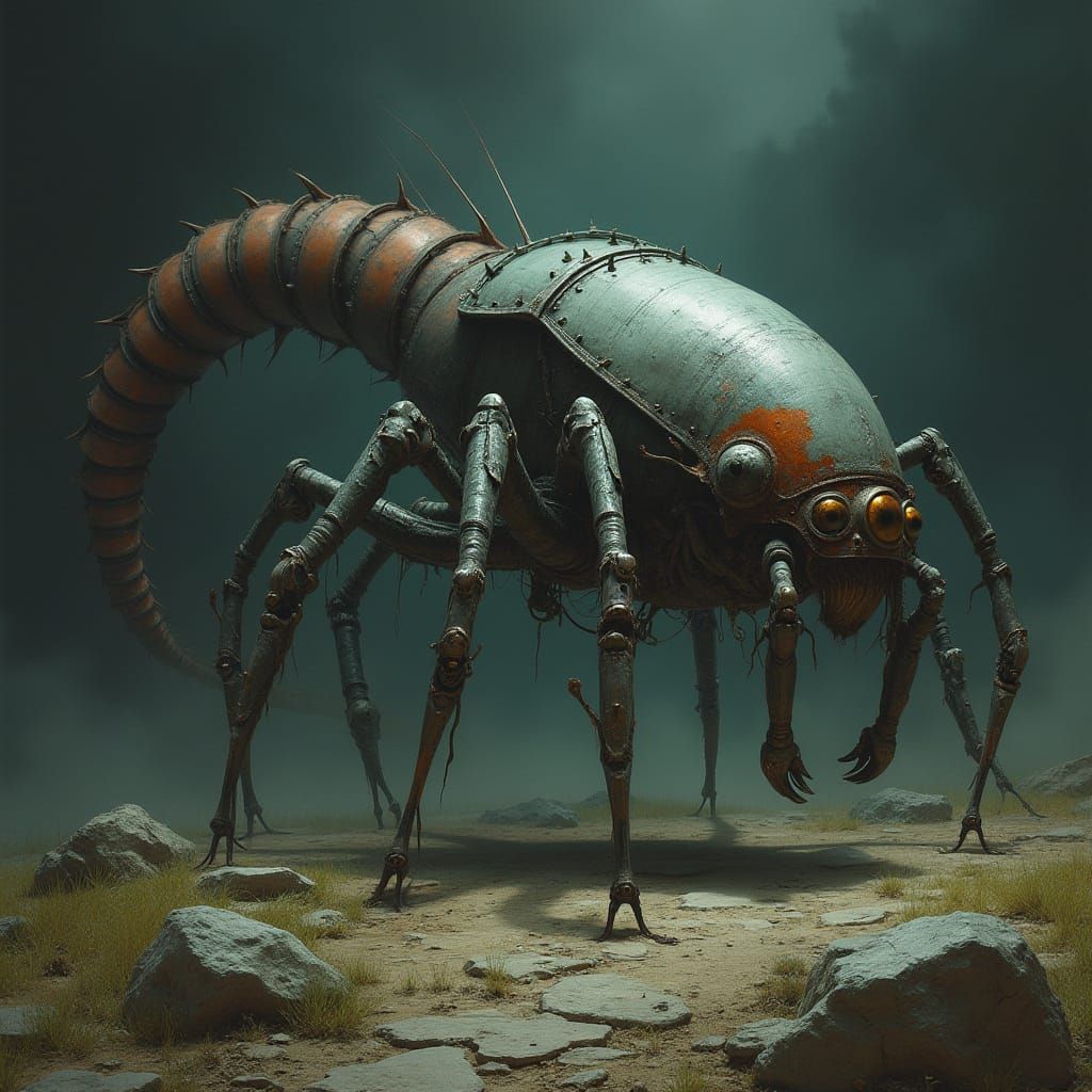 Biomechanical Scorpion-Spider Creature in Mystical Setting