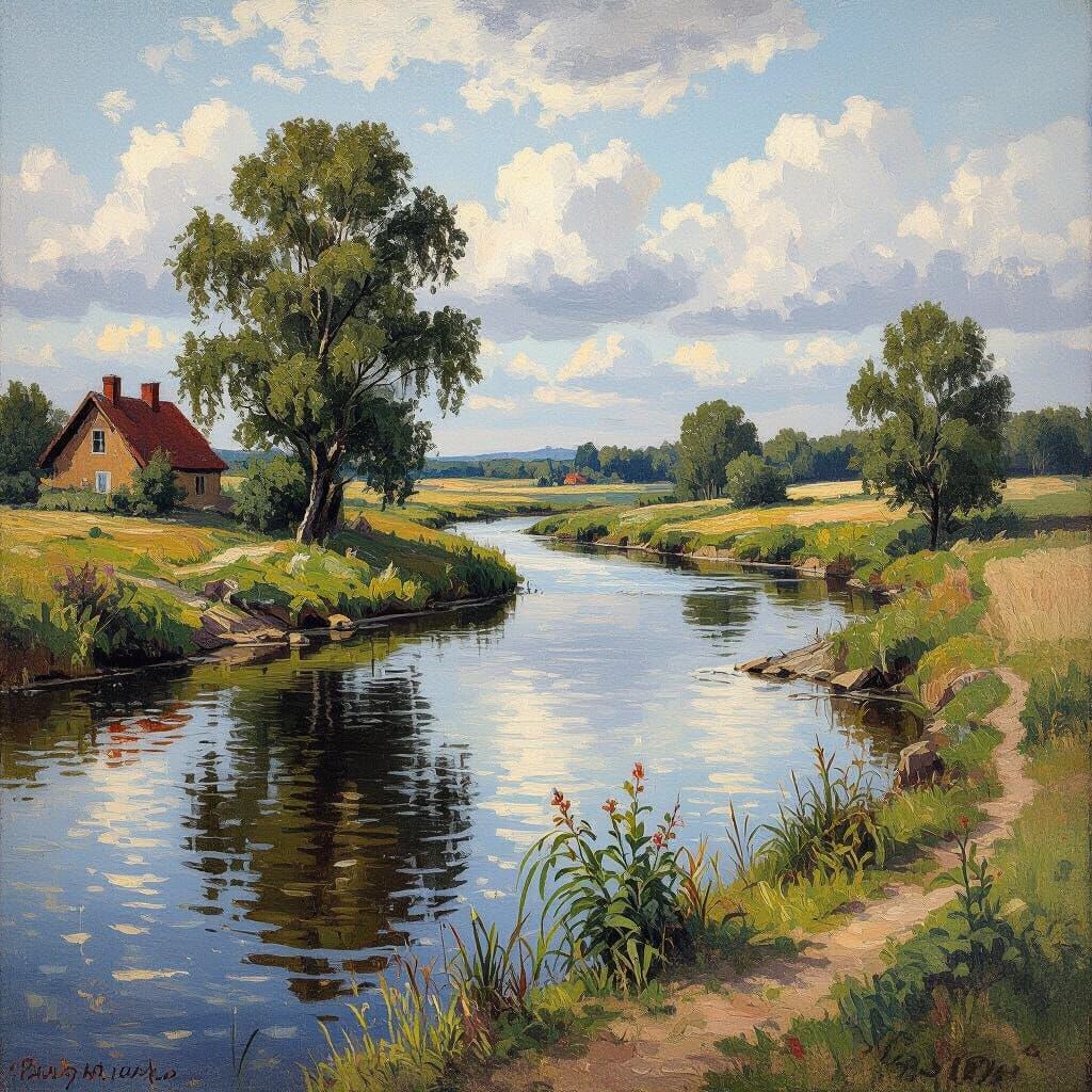River Landscape Oil Painting in Peder Mork Style