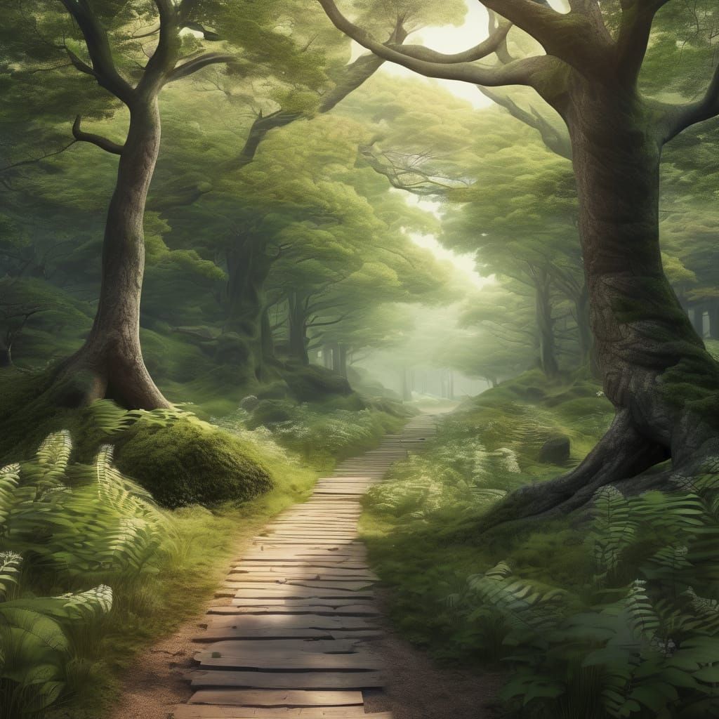 Serene Forest Path with a Hidden Deer